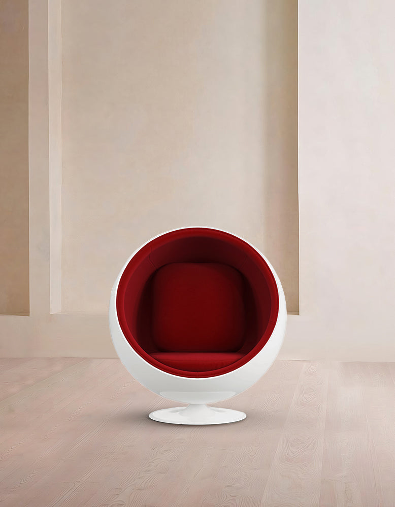 47-Ball Chair, Bold Red Wool and White Armchair