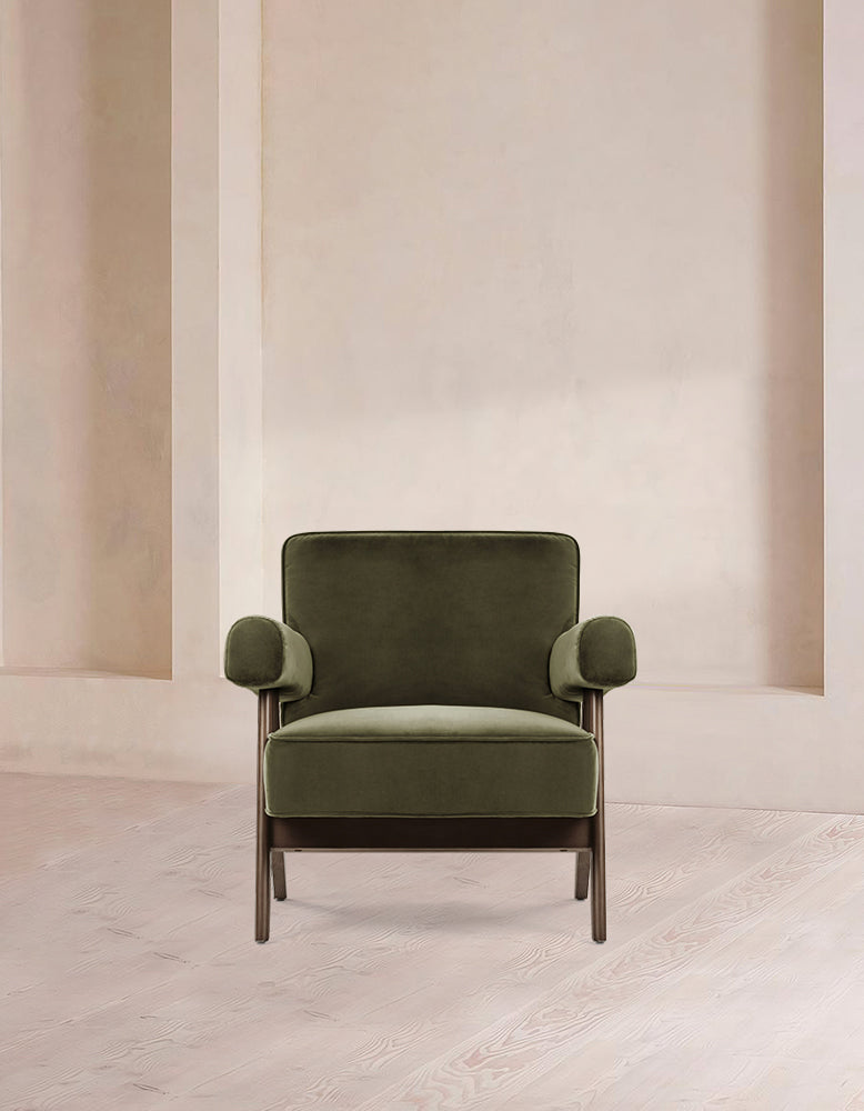 Pierre Jeanneret Lounge Chair, Olive Green Velvet