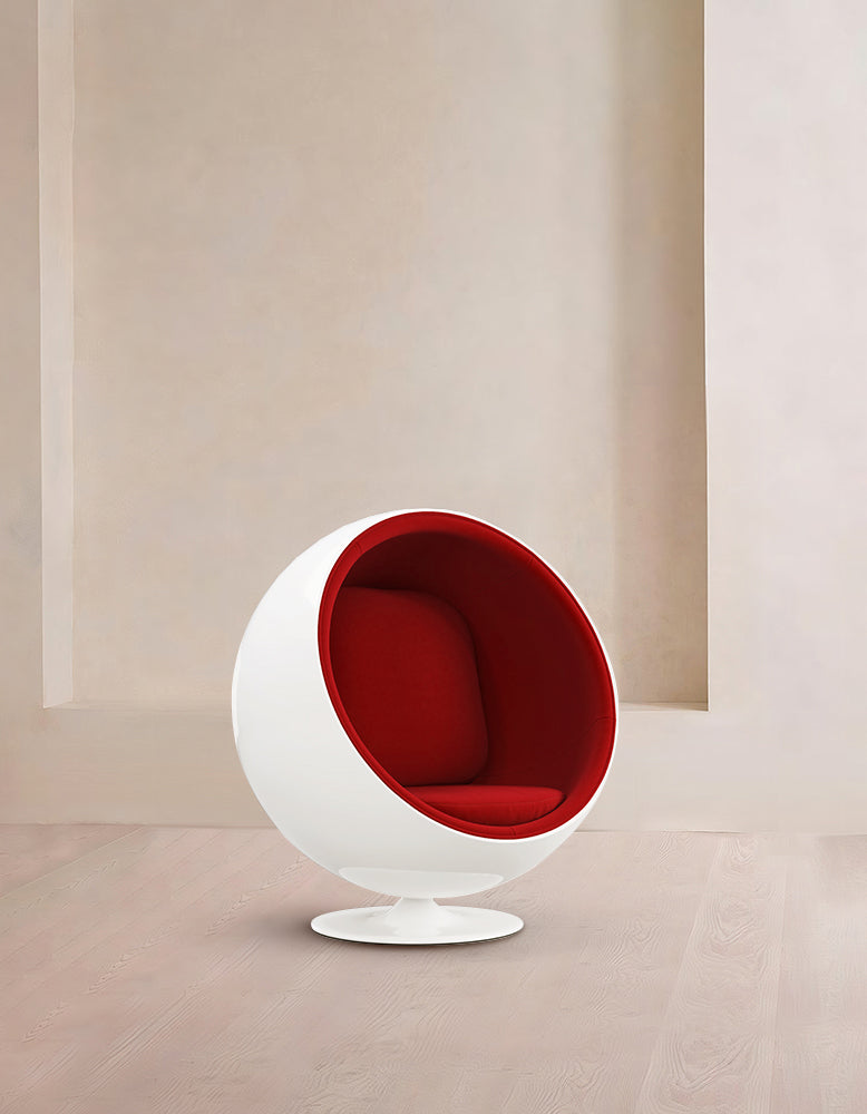 47-Ball Chair, Bold Red Wool and White Armchair