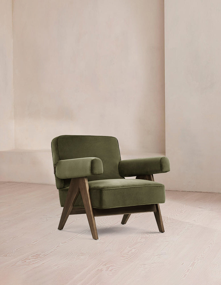 Pierre Jeanneret Lounge Chair, Olive Green Velvet