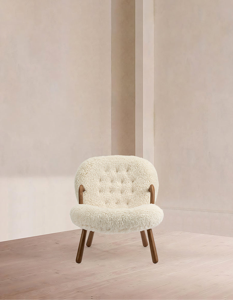 Gubi Clam Chair, White Long Hair Sherpa