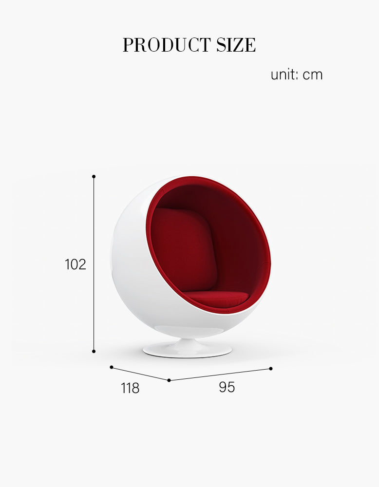 47-Ball Chair, Bold Red Wool and White Armchair