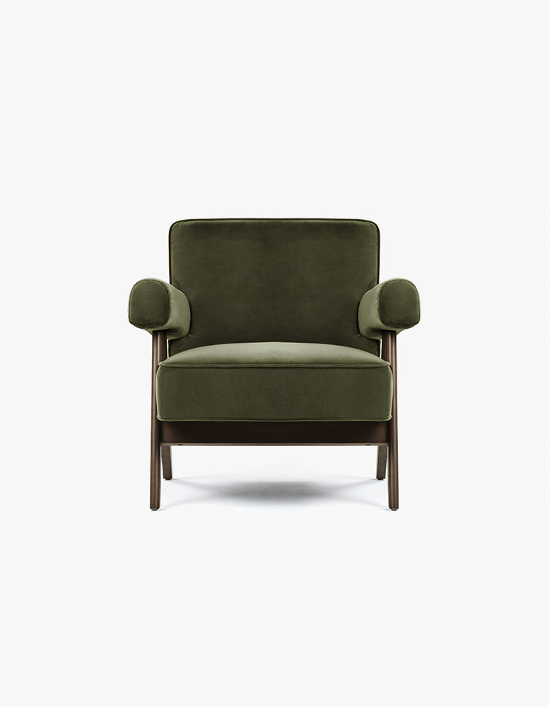 Pierre Jeanneret Lounge Chair, Olive Green Velvet