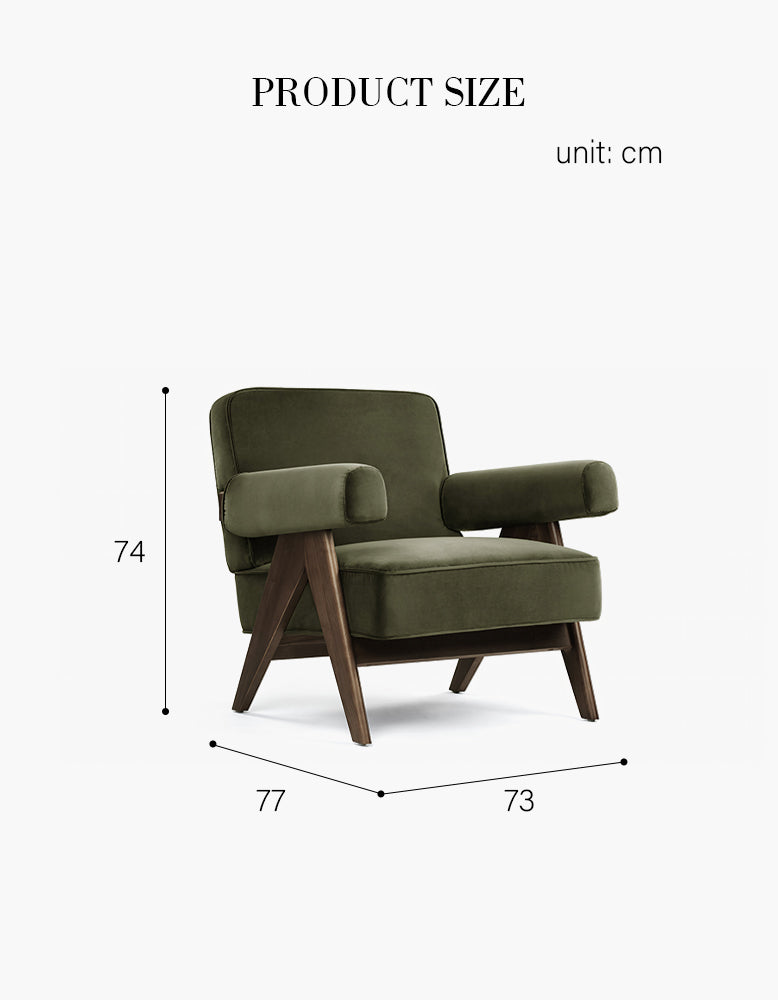 Pierre Jeanneret Lounge Chair, Olive Green Velvet