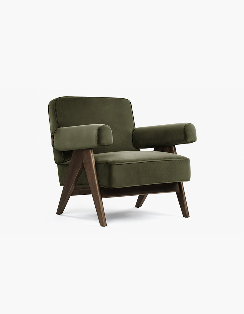 Pierre Jeanneret Lounge Chair, Olive Green Velvet