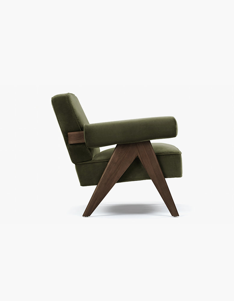 Pierre Jeanneret Lounge Chair, Olive Green Velvet