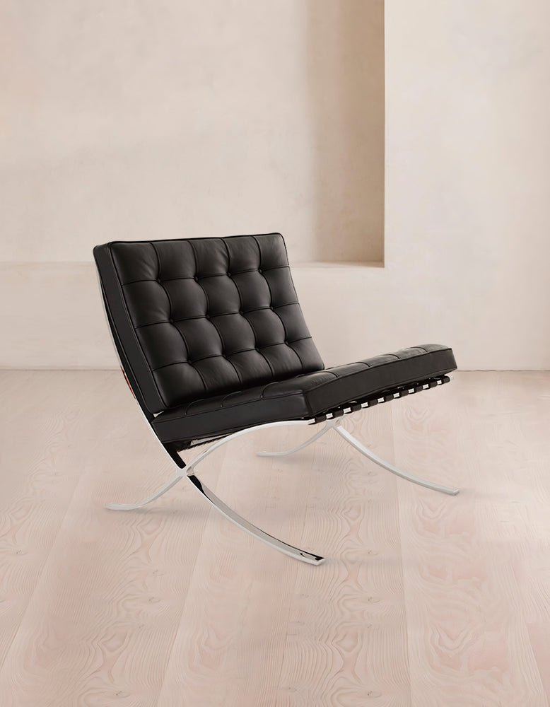 Classic Modern Barcelona Chair And Footstool, Black Leather