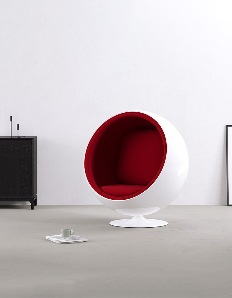 47-Ball Chair, Bold Red Wool and White Armchair