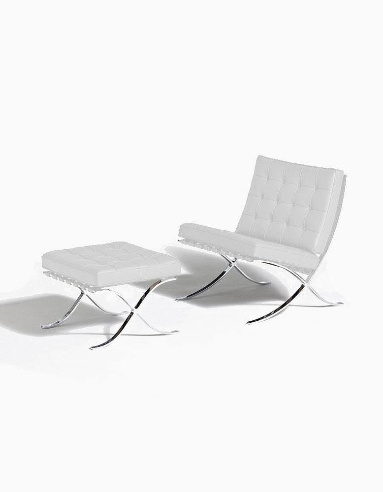 Classic Modern Barcelona Chair And Footstool, White Leather｜ DC Concept